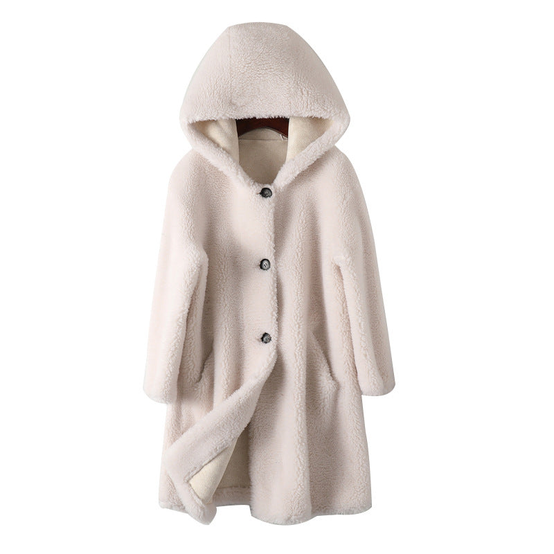 Elegant Women's Hooded Lambswool Coat