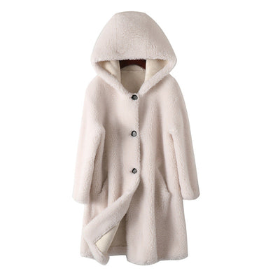 Elegant Women's Hooded Lambswool Coat