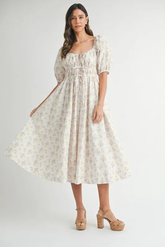 Floral Drawstring Detail Puff Sleeve Midi Dress