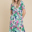 Robe courte à manches courtes à décolleté en V et à fleurs froncées
