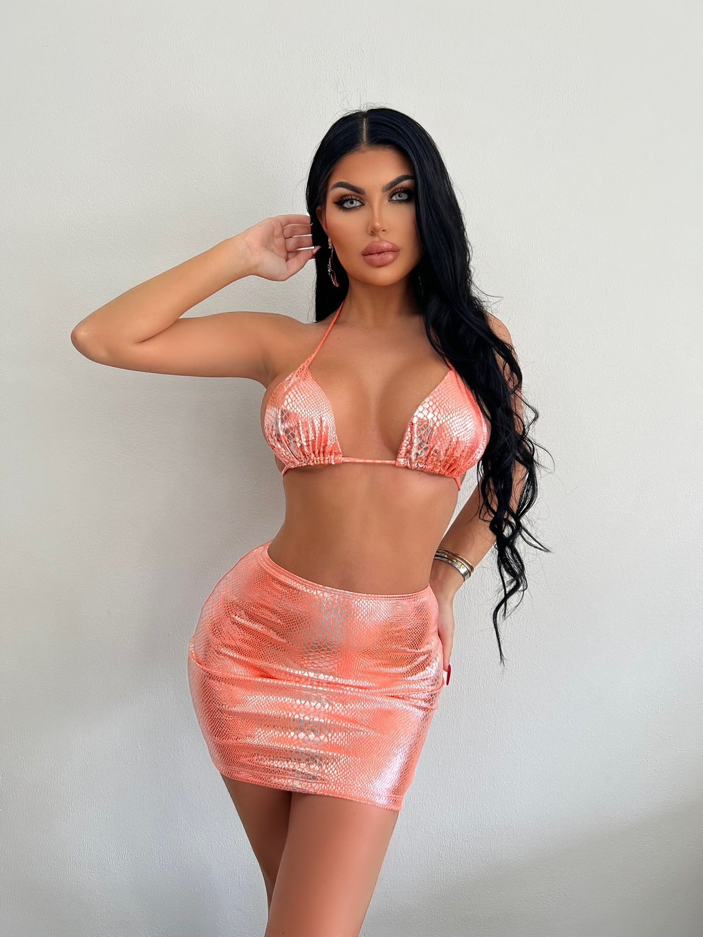 Women's 3 Piece Halter Snake Pattern Bikini Set with Cover Up