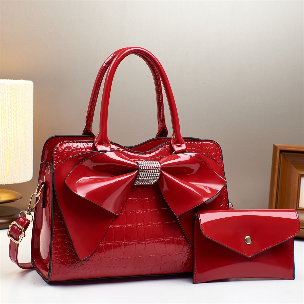 Sac seau à nœud en imprimé crocodile - Cuir verni brillant