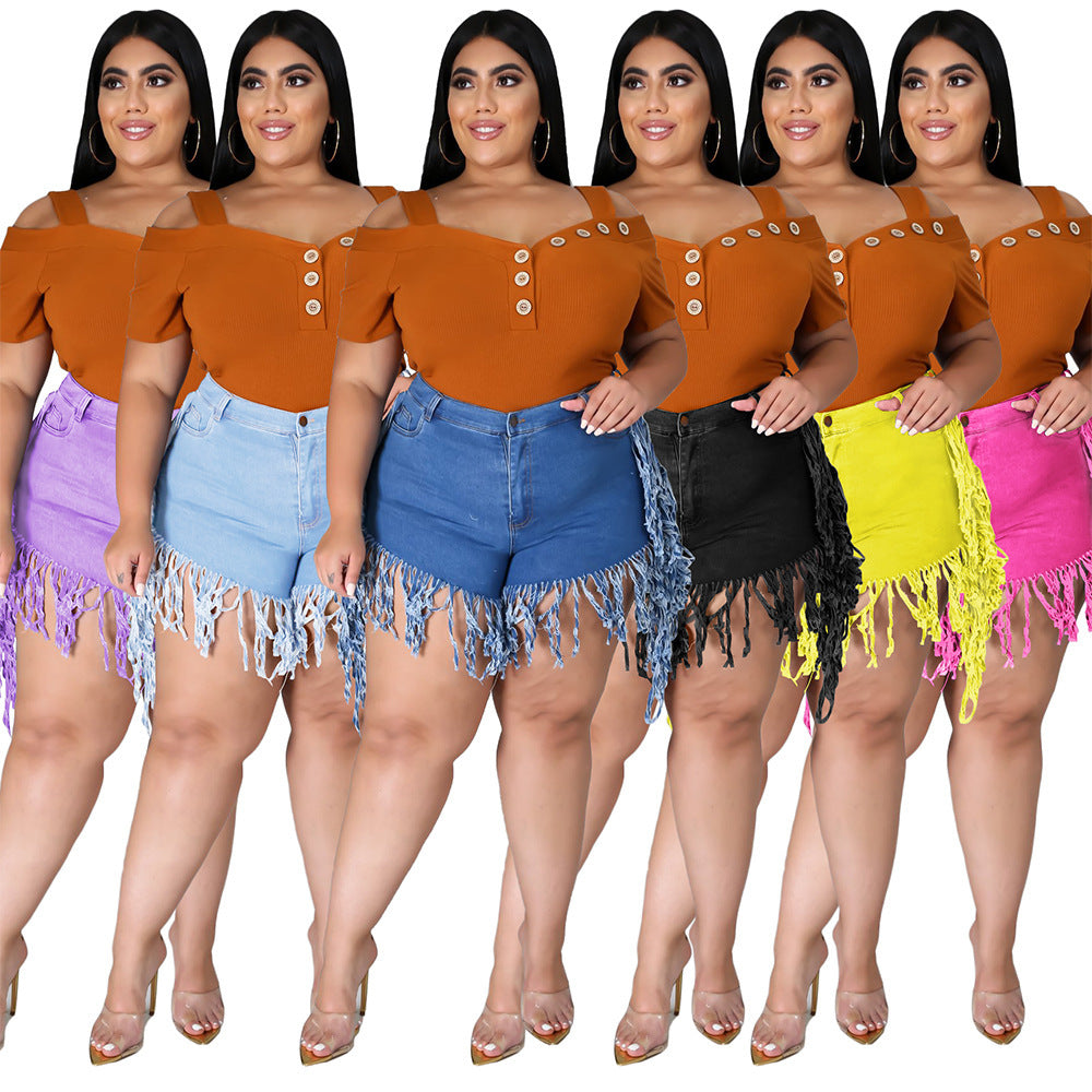 Retro High-Waisted Denim Shorts with Frayed Tassels