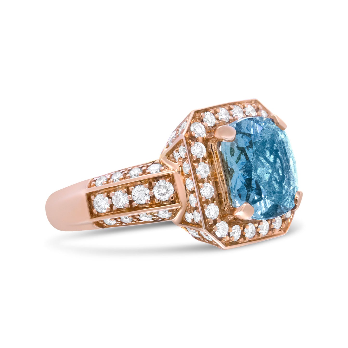 Bague de fiançailles en or rose 18K avec aigue-marine et halo de diamants - Taille 6.5