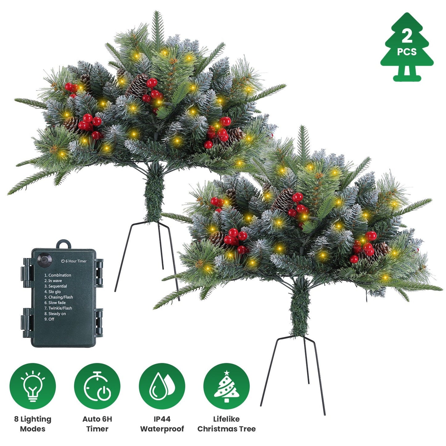 2Pcs Lighted Christmas Tree Urn Filler with Pine Cones & Berries