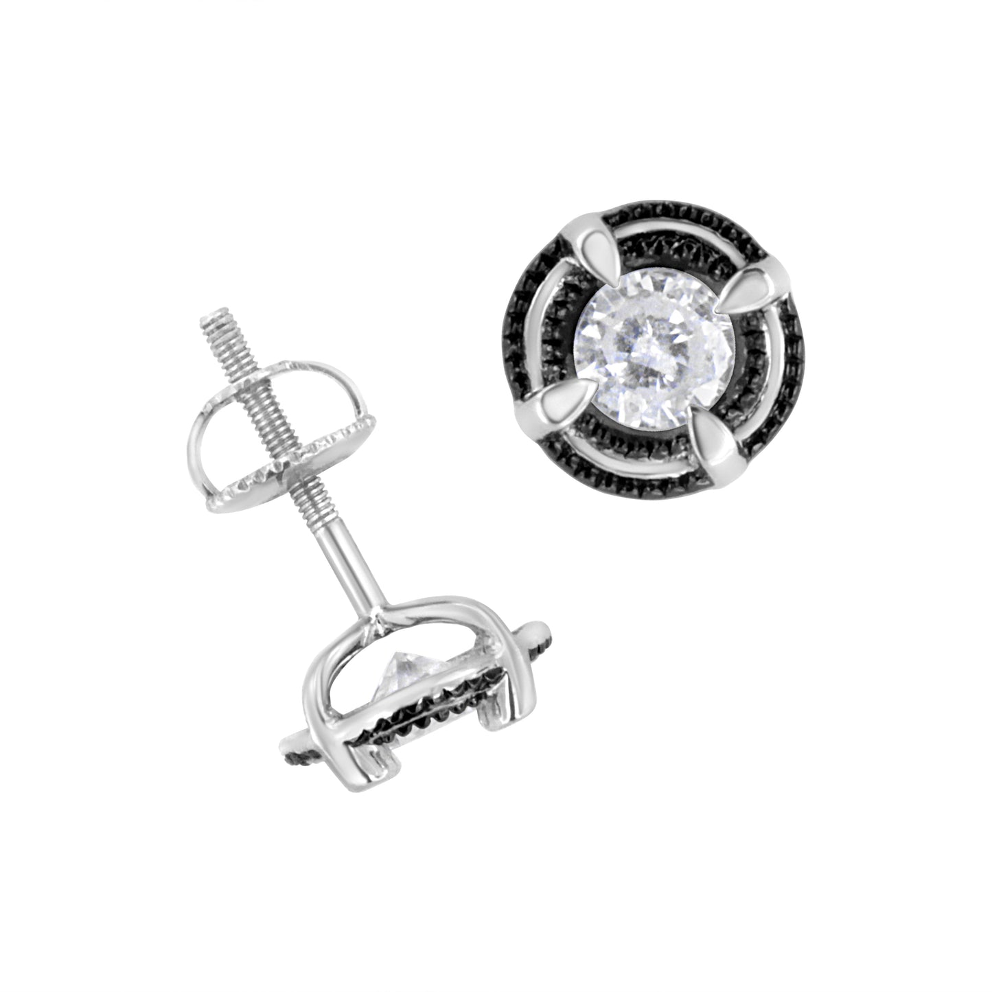 Pendientes de Stud con Halo de Diamantes en Plata Esterlina Baño de Rodio Negro