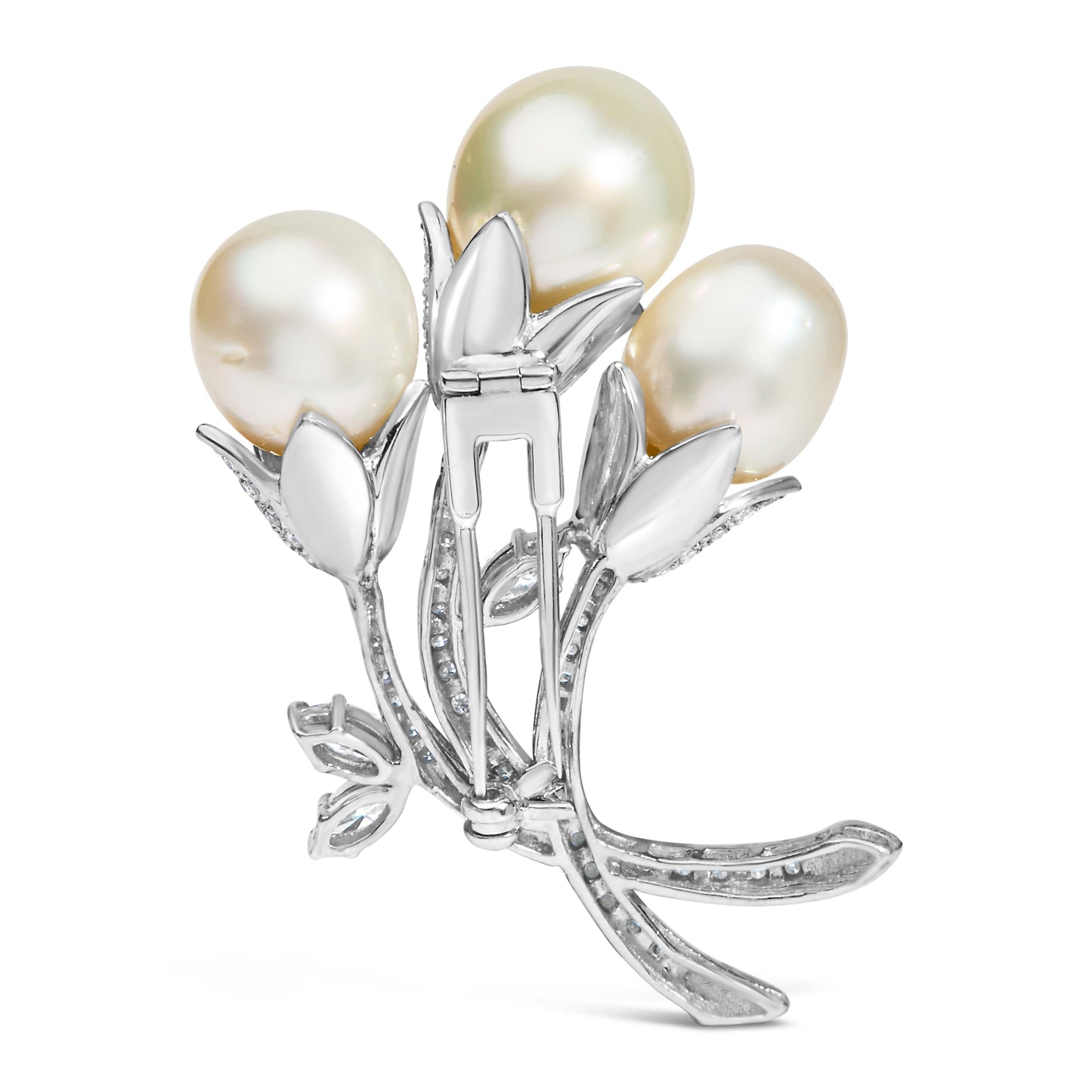18K White Gold Diamond & South Sea Pearl Floral Brooch Pin