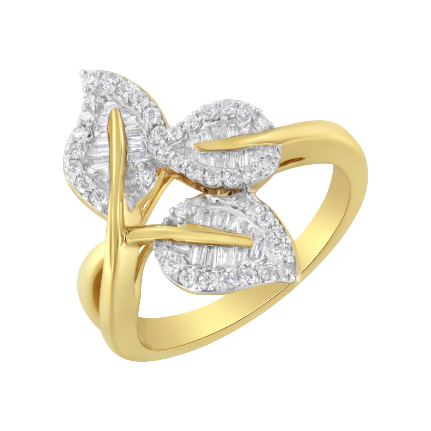 Anillo de tres hojas con diamantes en oro amarillo y blanco de 10k - Talla 7