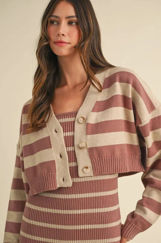 Ensemble de Cardigan Court Rayé et Robe Bodycon