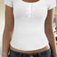Ribbed Button Detail Round Neck Short Sleeve T-Shirt