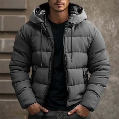 Men's Solid Color Hooded Velvet Cotton Jacket