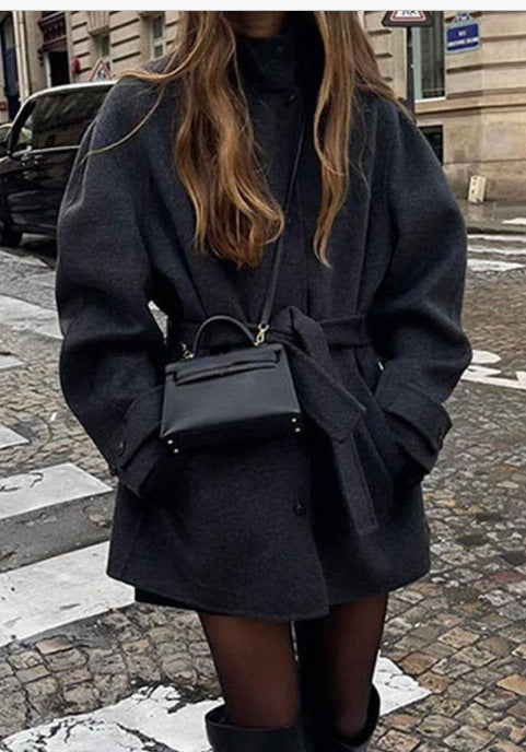 Womens Wool Coat with Belt and Mock Neck