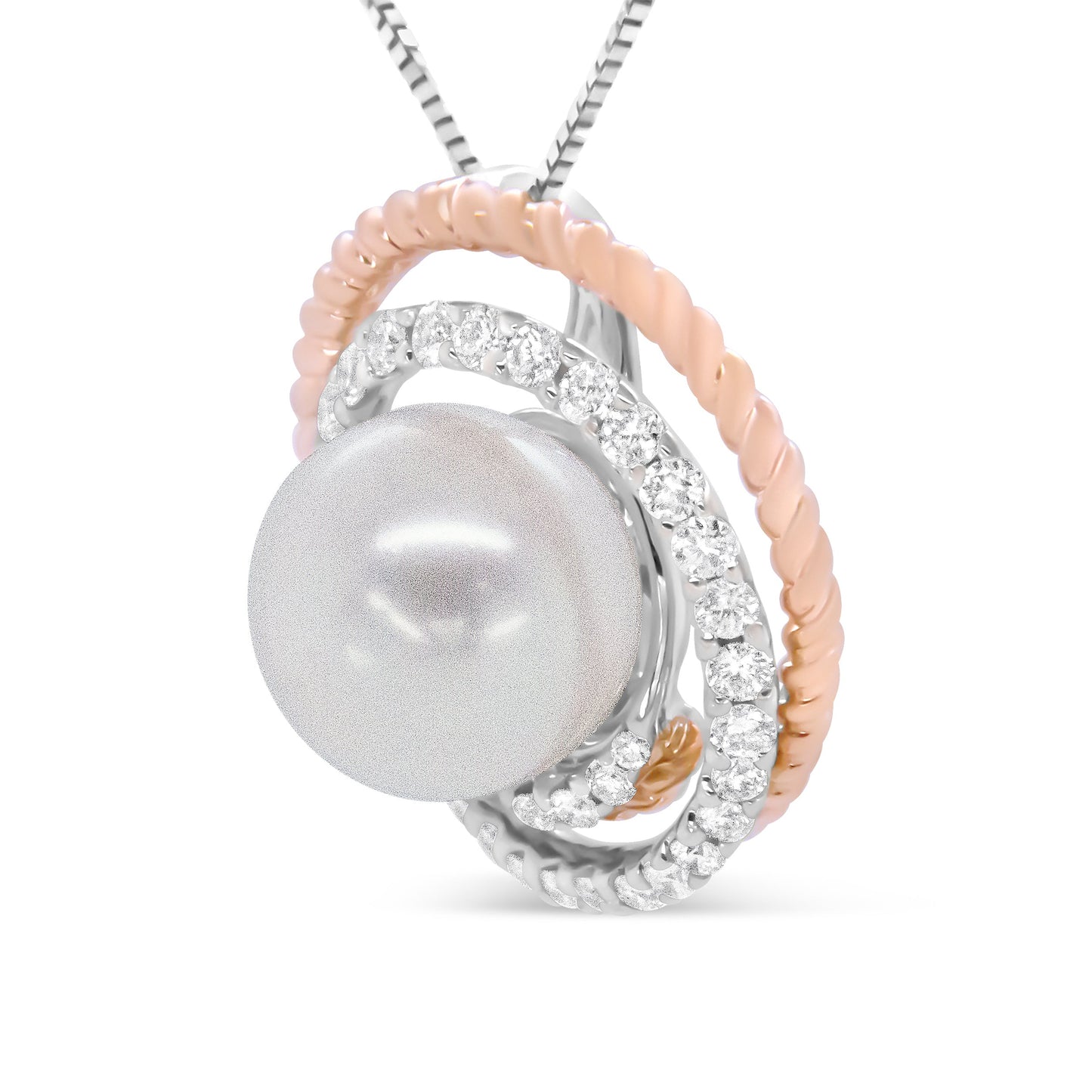 14K Rose and White Gold Pave Diamond & Pearl Pendant Necklace