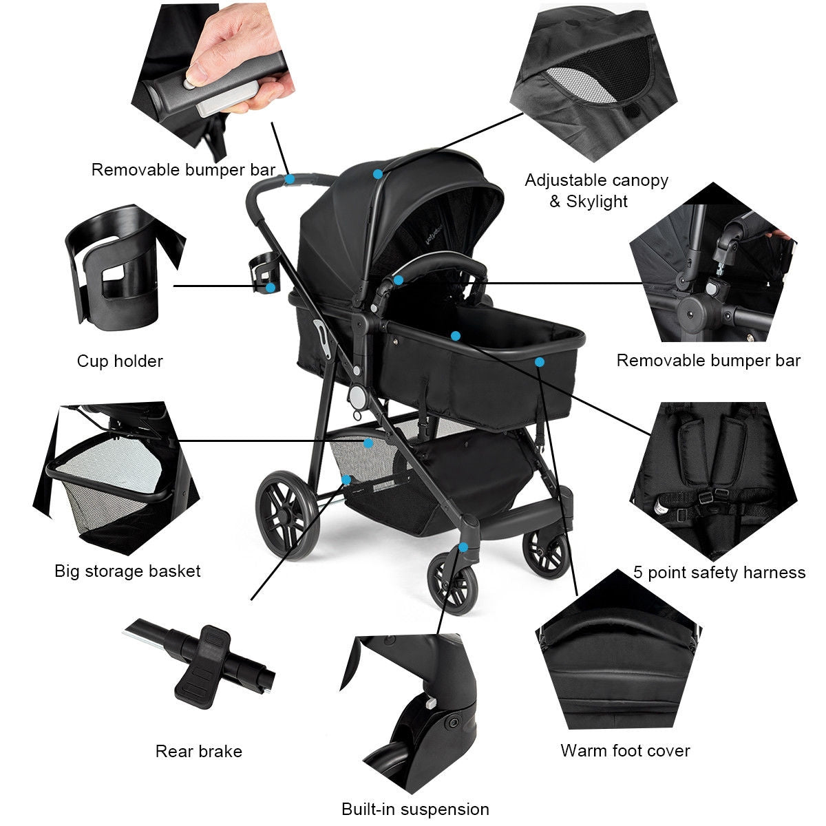 2-in-1 Foldable Pushchair for Newborns and Infants - Black