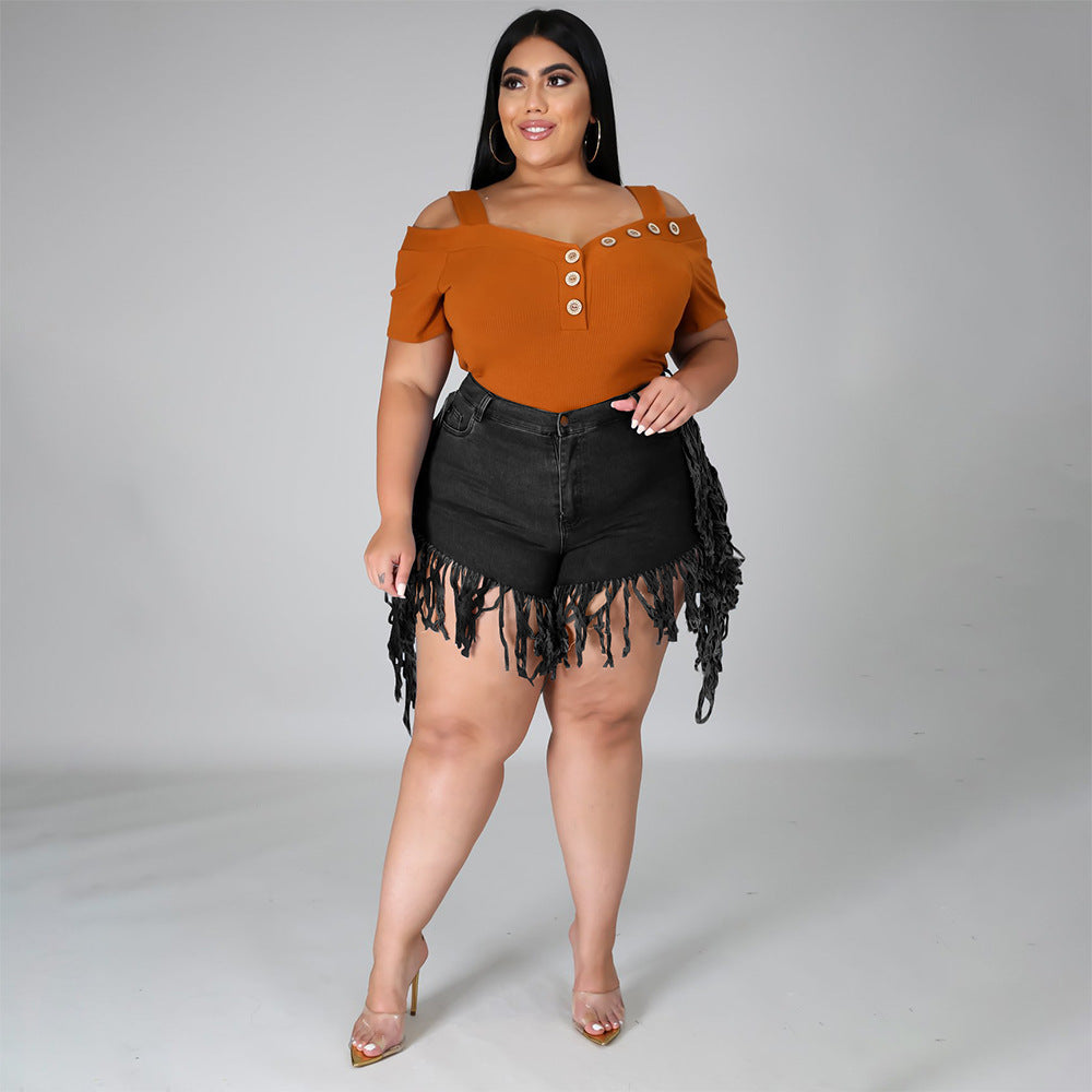 Retro High-Waisted Denim Shorts with Frayed Tassels