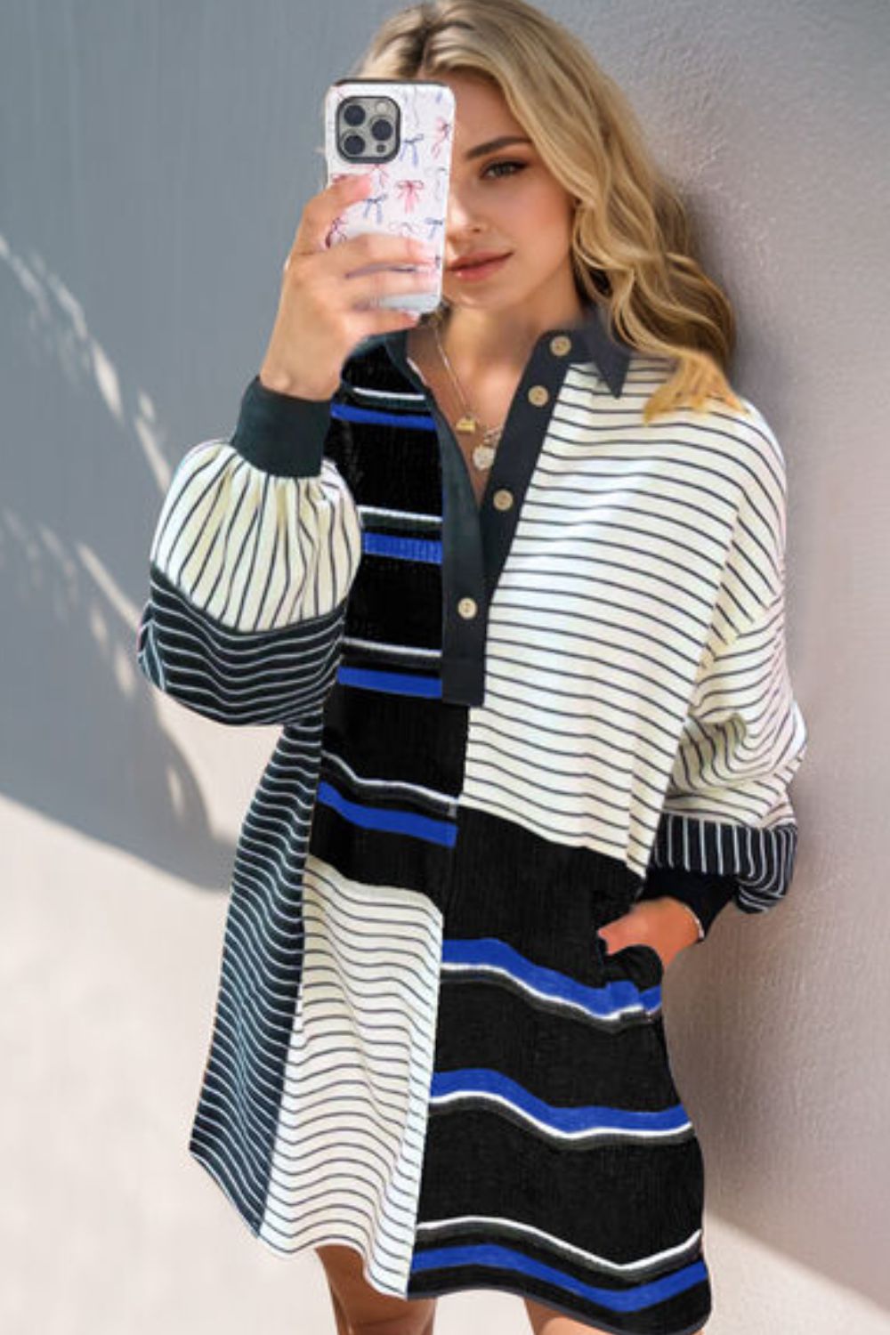 Trendy Striped Half Button Long Sleeve Mini Dress