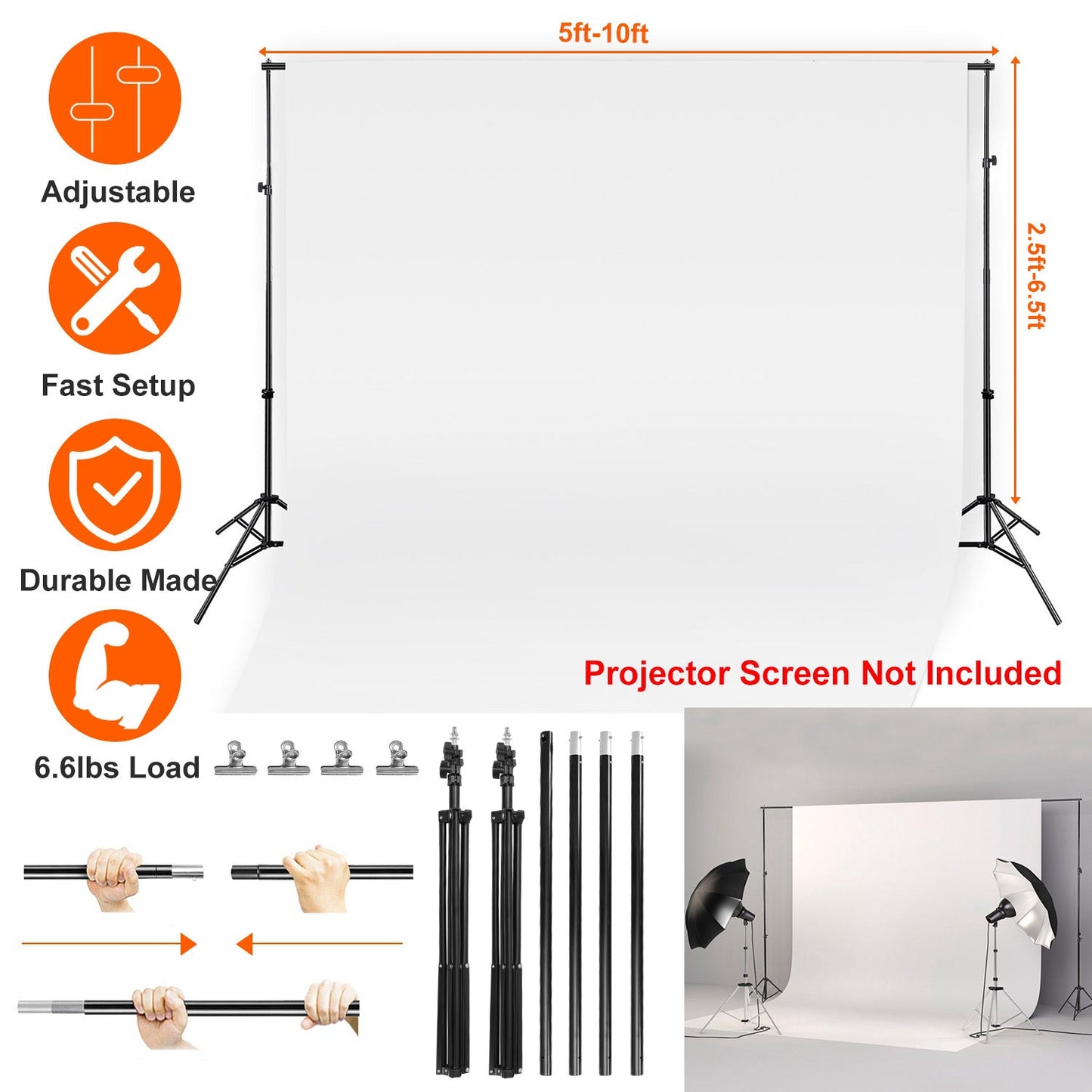 Soporte de fondo de fotografía ajustable de 6.5 x 10 pies con bolsa de transporte