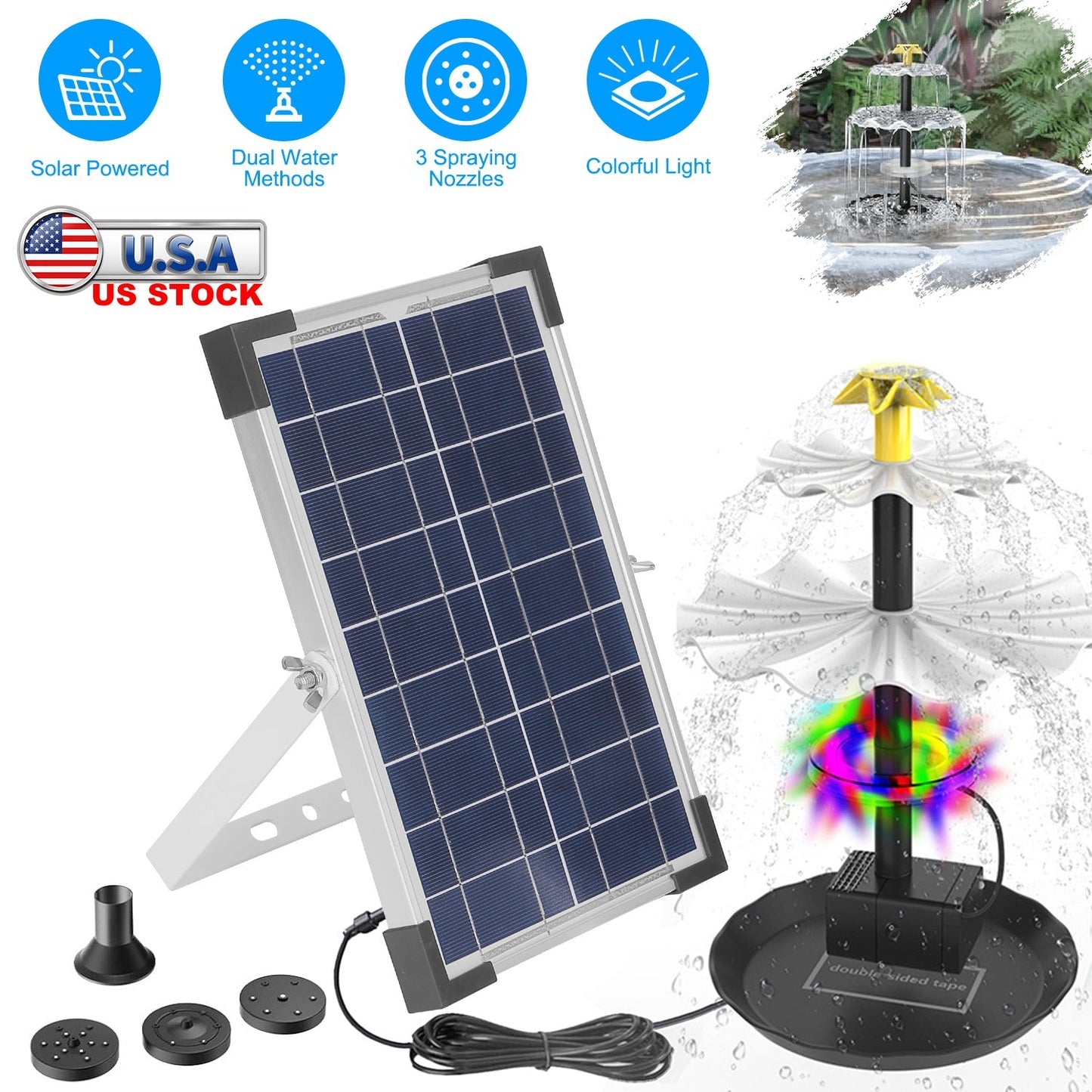 3-Tier Solar Bird Bath Fountain with Colorful LED Lights