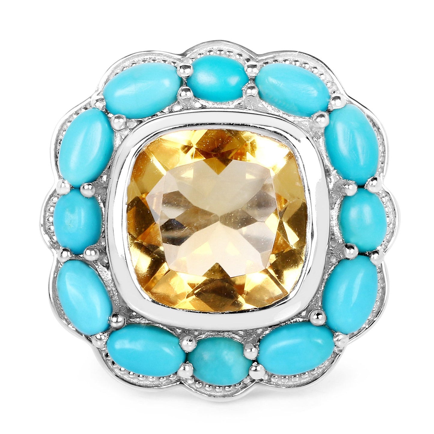 9.26 Carat Genuine Citrine and Turquoise Sterling Silver Ring