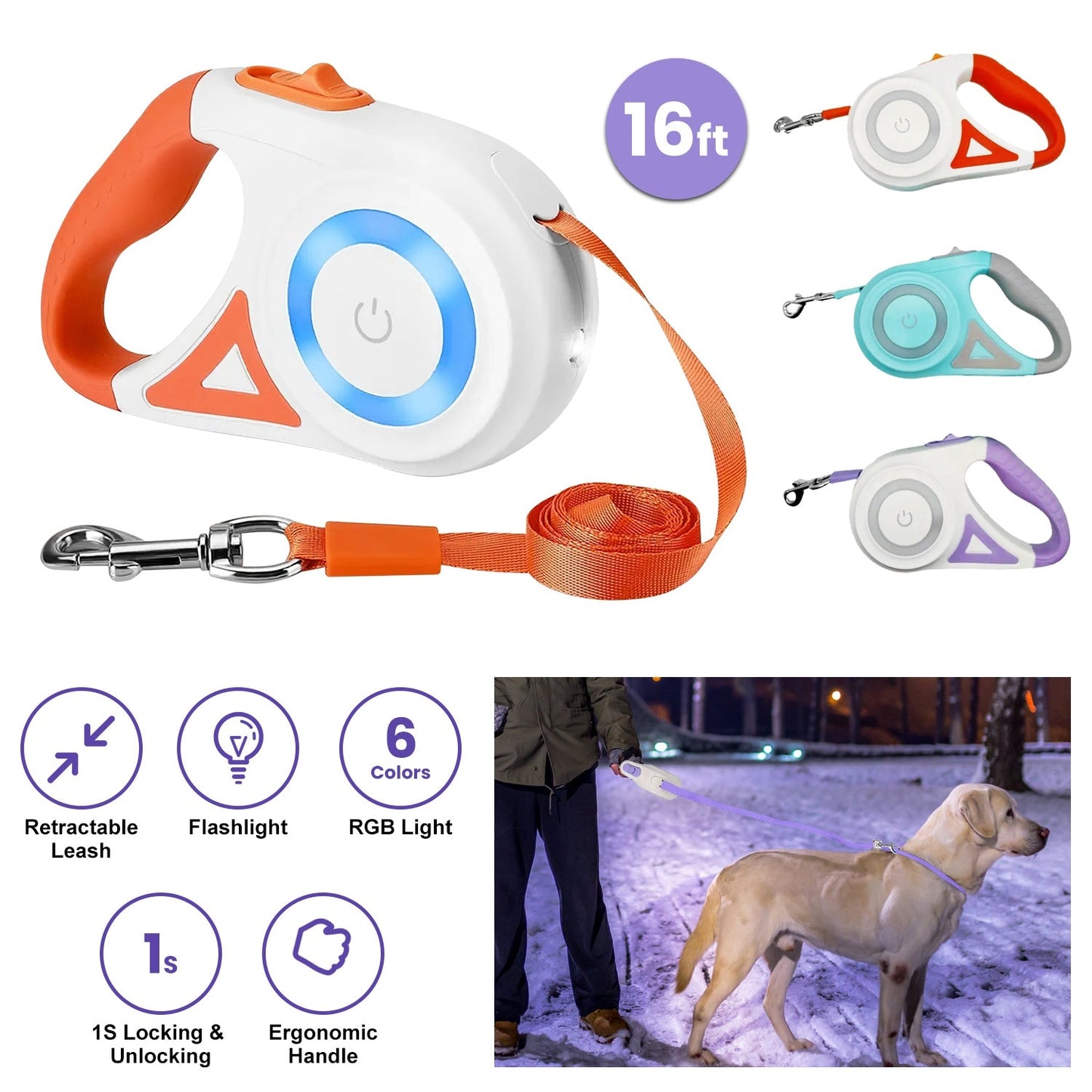 GBruno 16FT Retractable Dog Leash with Spotlight