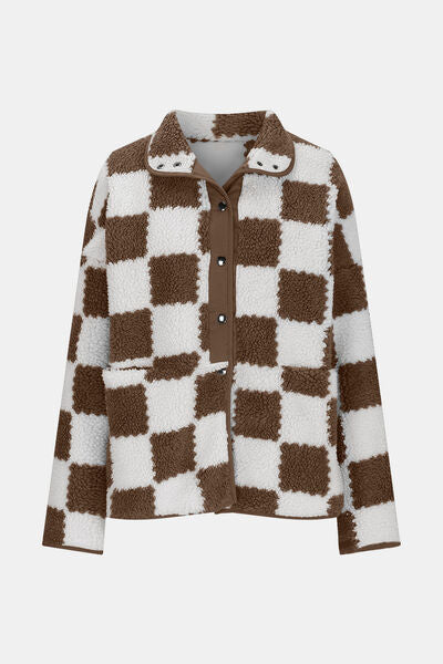 Chaqueta de Teddy de Manga Larga con Botones y Diseño a Cuadros Elegante