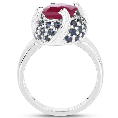 Elegant 3.70 Carat Ruby and Blue Sapphire Sterling Silver Ring