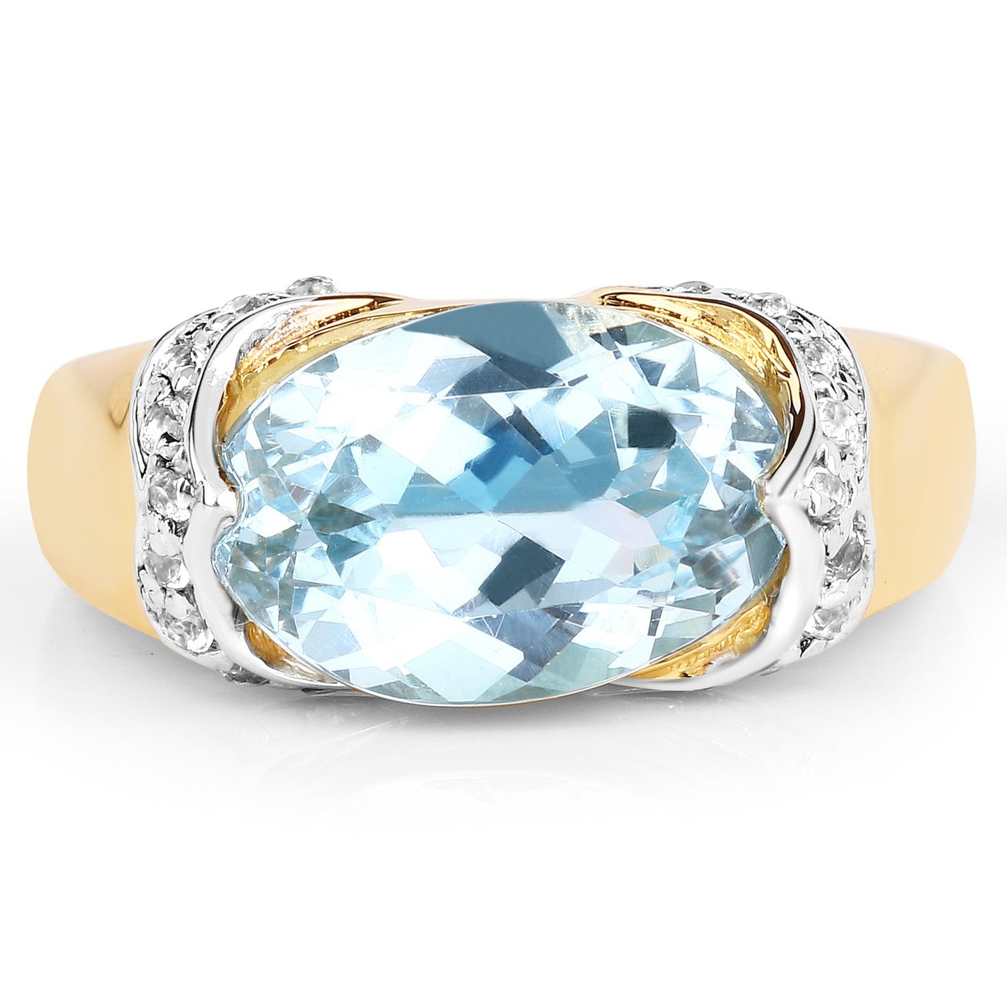 Anillo de Topacio Azul y Topacio Blanco Bañado en Oro Amarillo de 14K