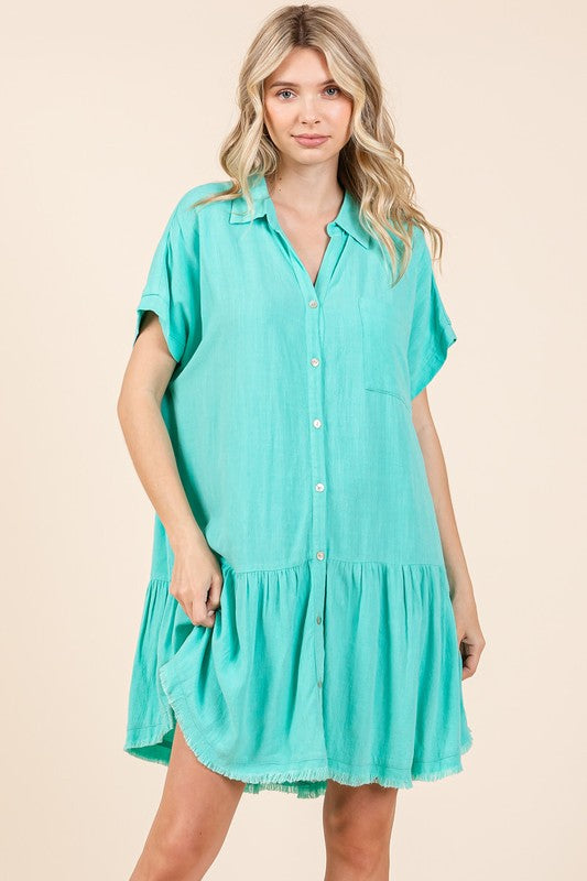 Summer Linen Blend Button Down Mini Dress for Women