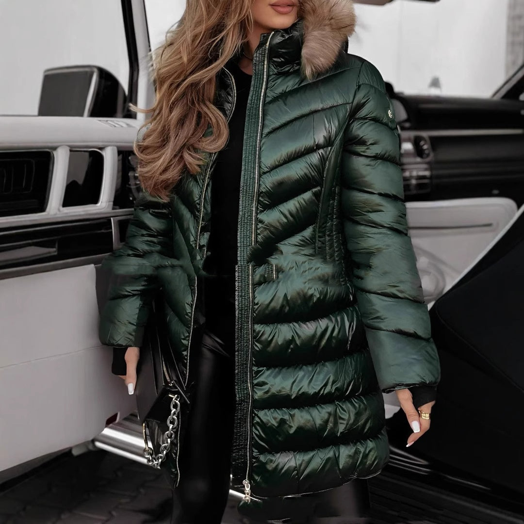 Veste Puffer Élégante Mi-Longue Ajustée avec Col en Fourrure