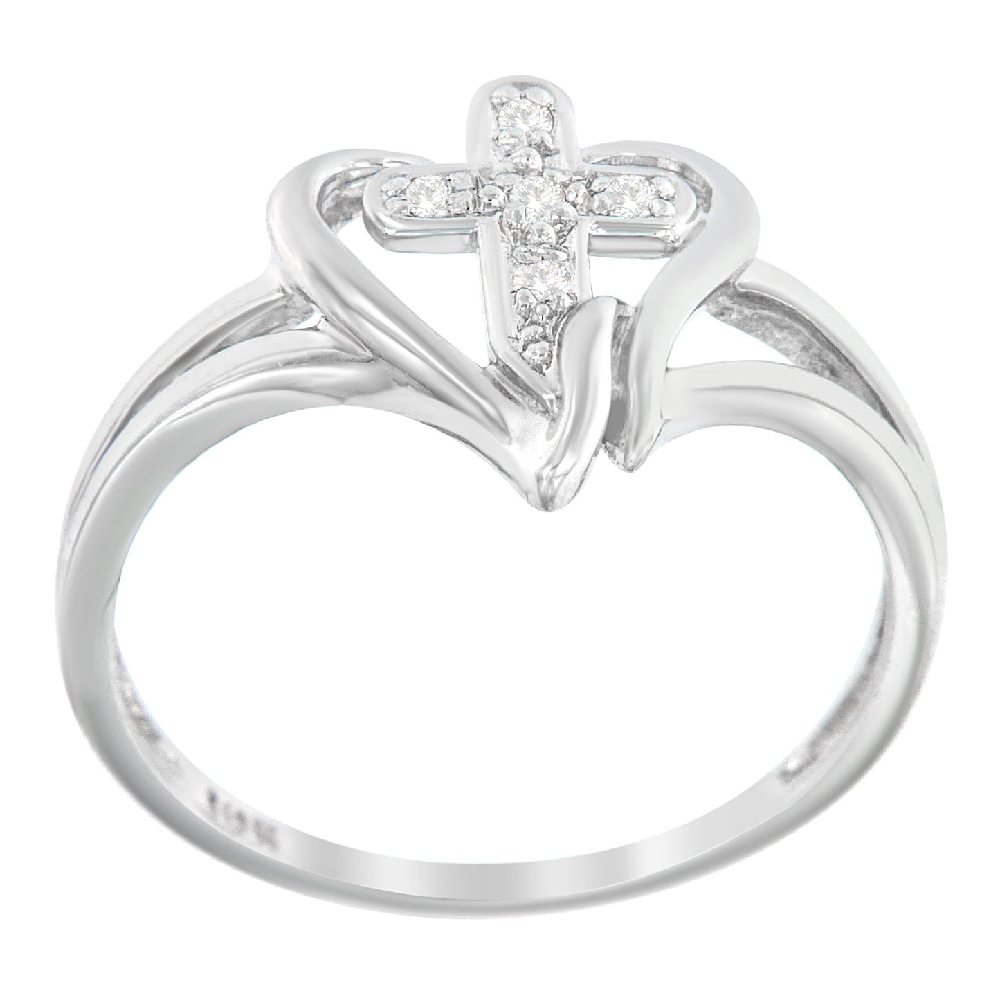 Anillo de Promesa con Cruz y Corazón Acentuado con Diamantes de Oro Blanco de 10K - Talla 7