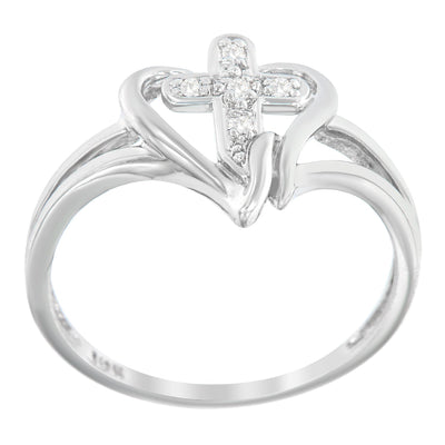 Bague de promesse en or blanc 10K avec accent de diamant en croix et cœur - Taille 7