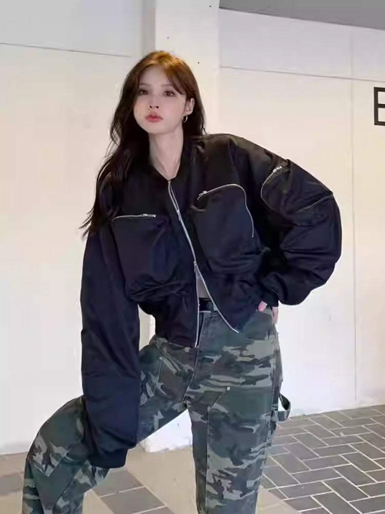 Casual Black Workwear-style Baseball Jacket