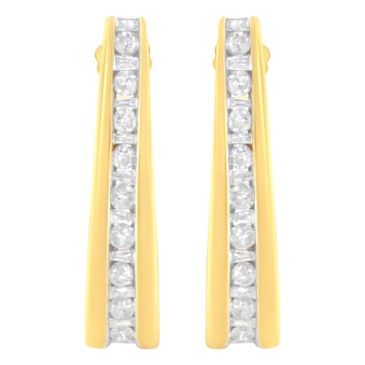10K Yellow Gold Channel Set Diamond J-Hoop Earrings