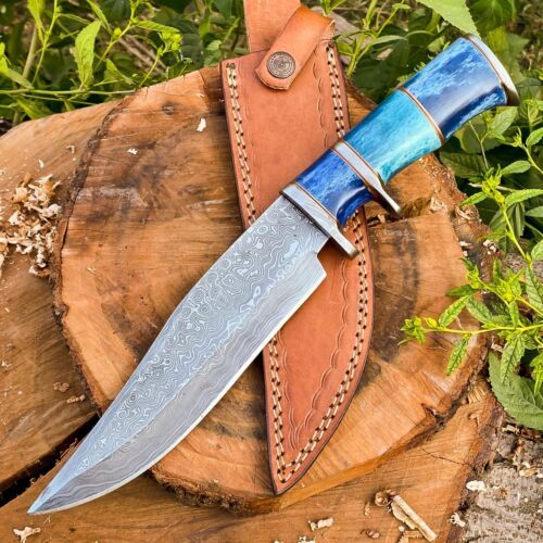 Custom 14-Inch Damascus Steel Bowie Knife with Colored Bone Handle & Leather Sheath | KBS Knives - Korvel