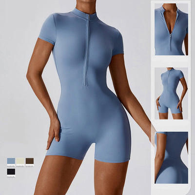 Zipper Short Sleeve Yoga Jumpsuit for Women