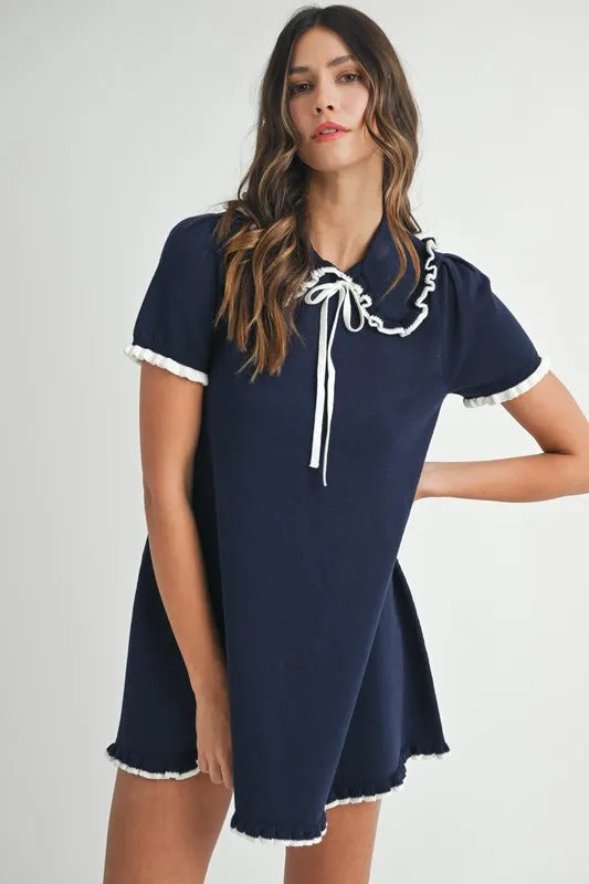 Ruffle Trimmed Collar Fine Knit Mini Dress for Women