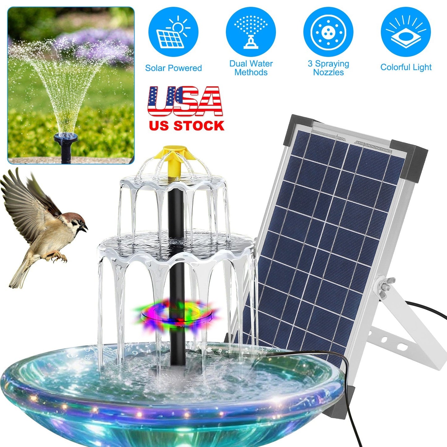 3-Tier Solar Bird Bath Fountain with Colorful LED Lights