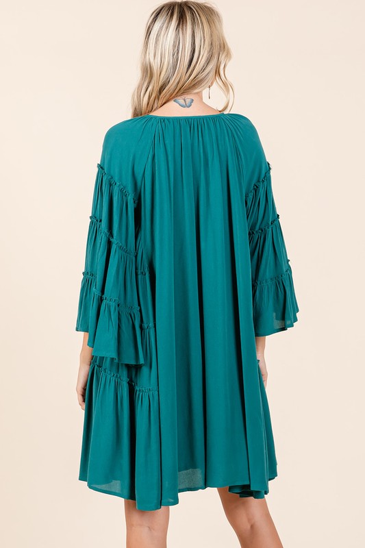 Chic Frill Tie Neck Bell Sleeve Dress for Women – A Perfect Blend of Elegance and Whimsy - Korvel