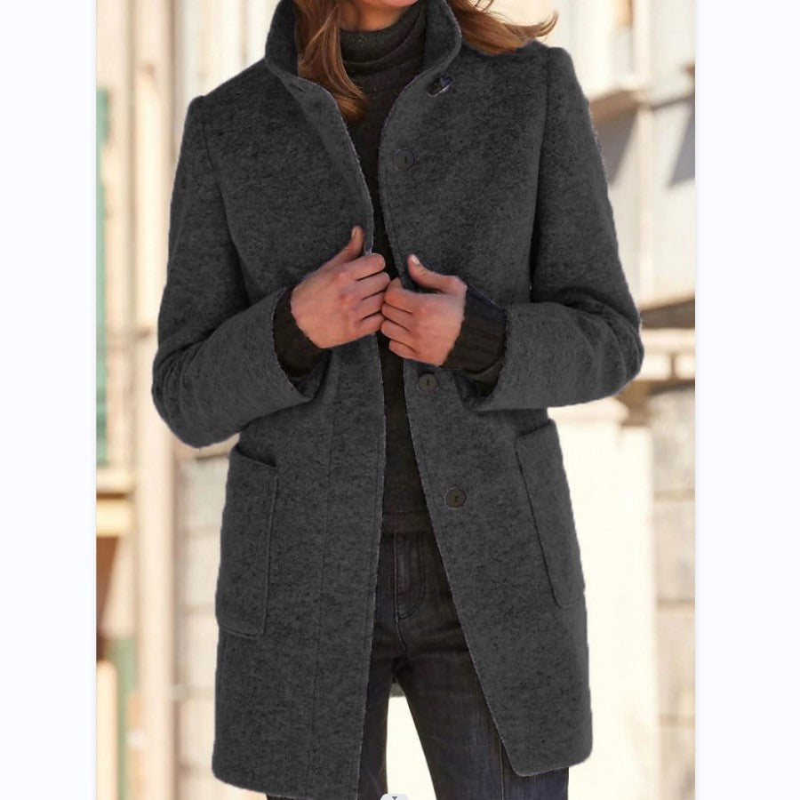 Manteau en Laine à Col Montant avec Poches pour Femmes