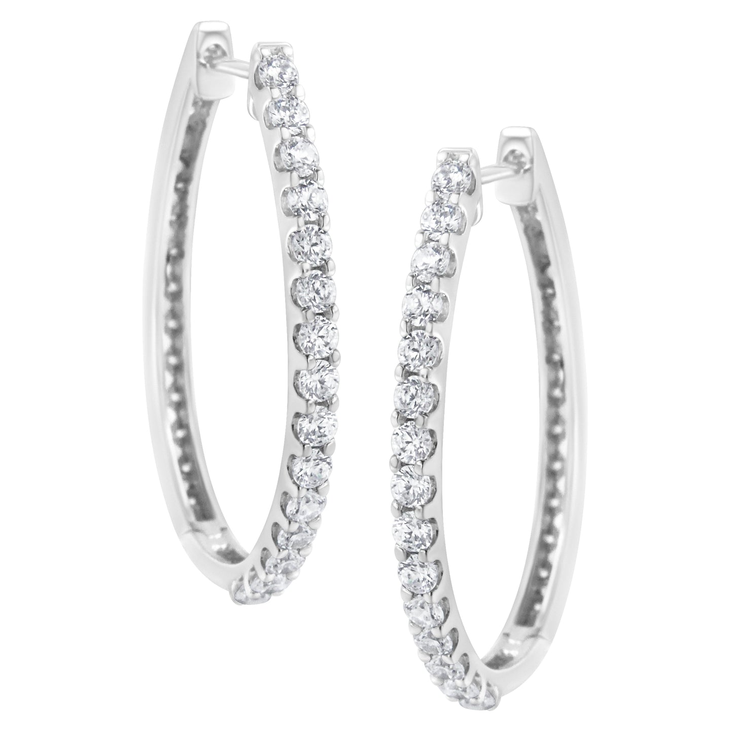 Boucles d'oreilles créoles oblongues en or blanc 14K avec diamants - 2,0 Cttw