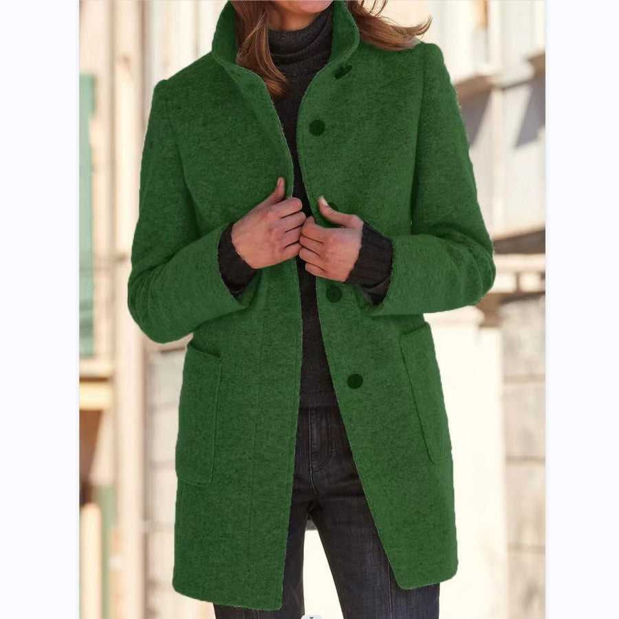 Manteau en Laine à Col Montant avec Poches pour Femmes
