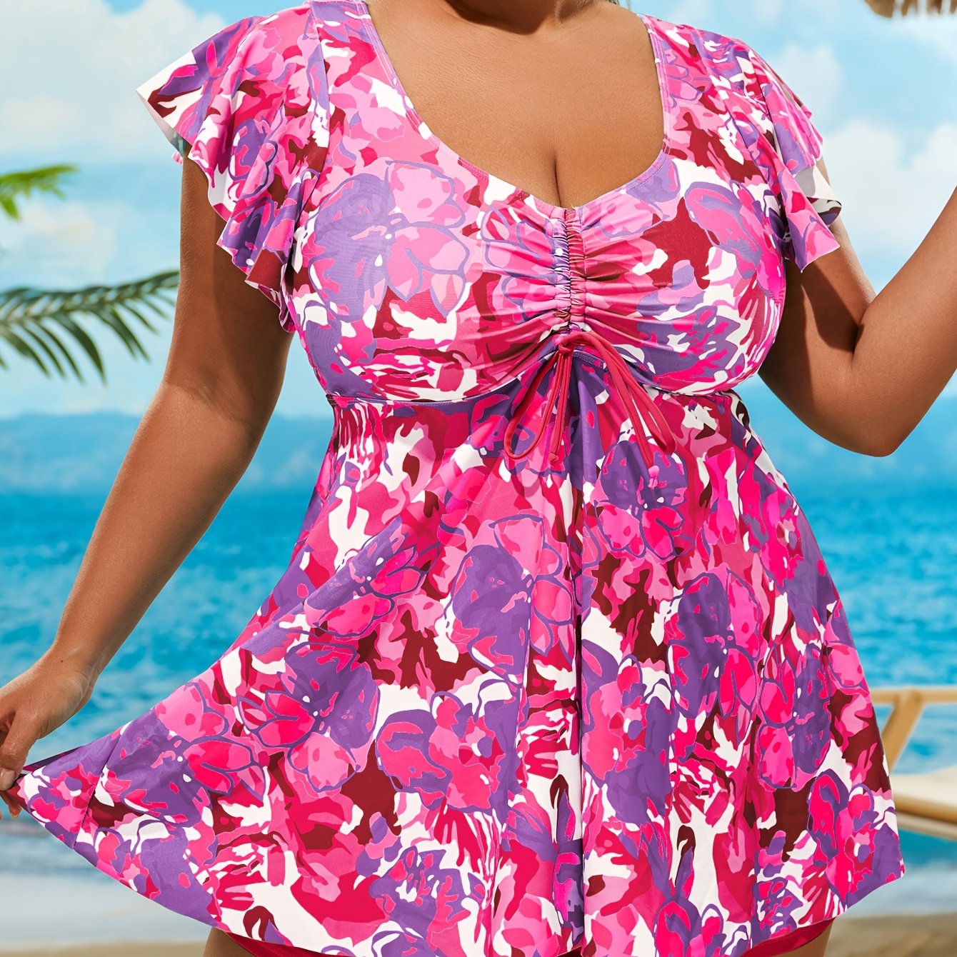 Floral Print Bandeau V Neck 2 Piece Swimsuit for Women
