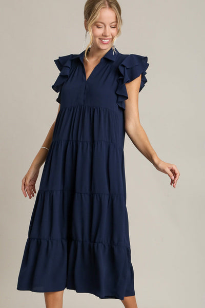 Dark Navy Plus Size Ruffle Sleeve Dress