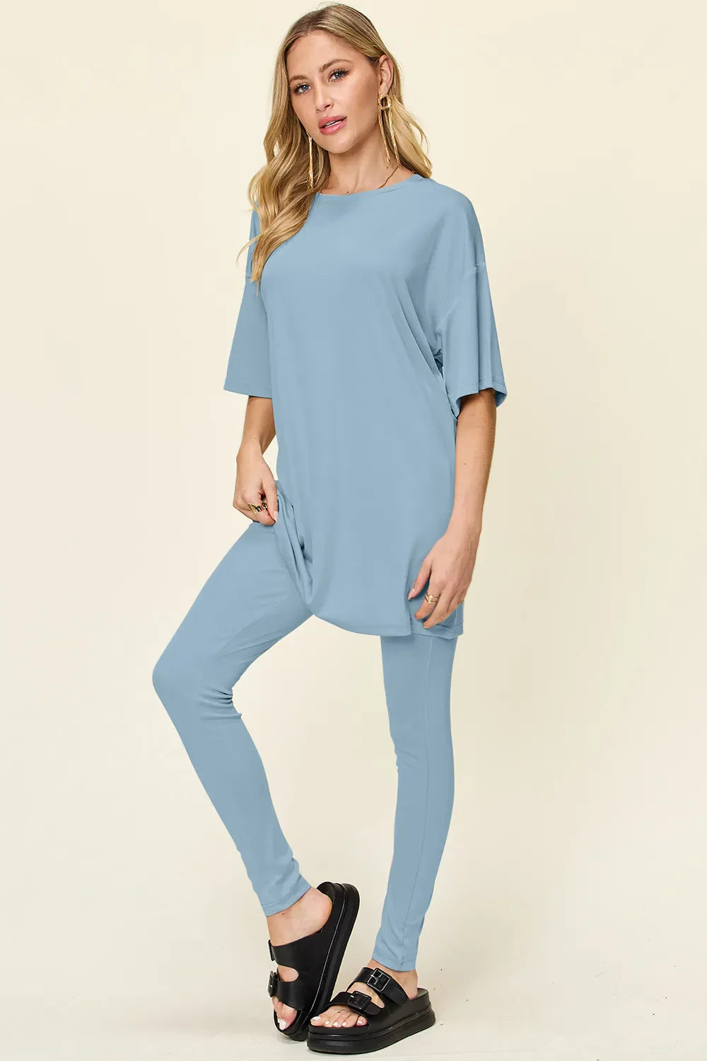 Double Take Full Size Round Neck T-Shirt and Leggings Set