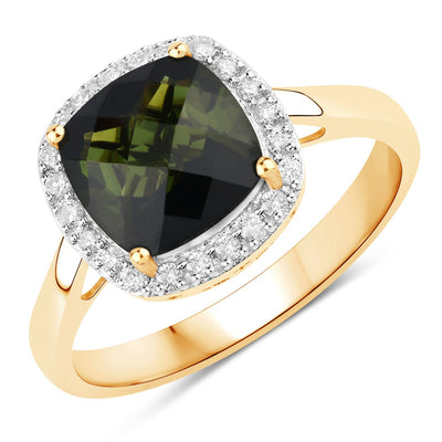 Anillo de 2.64 quilates de turmalina verde y diamante blanco en oro amarillo de 14 quilates