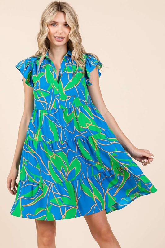 Robe Mini à Manches Volantes Imprimée Feuilles d'Été