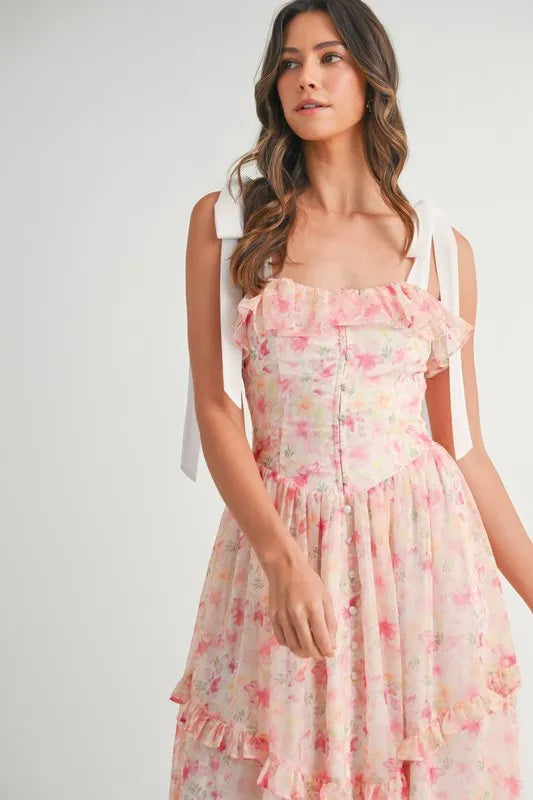 Robe Midi Imprimée Florale Élégante avec Bretelles