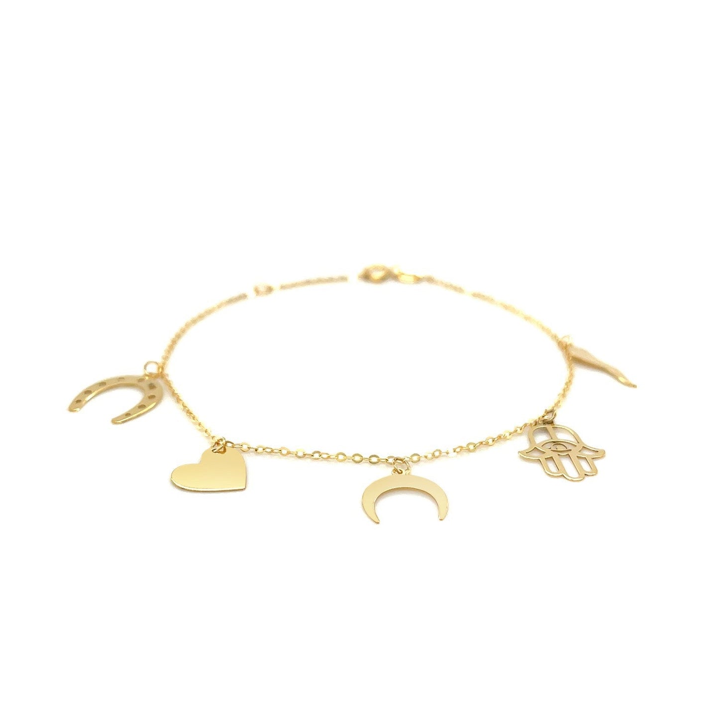 Bracelet en or jaune 14 carats de 7 pouces avec charms polis
