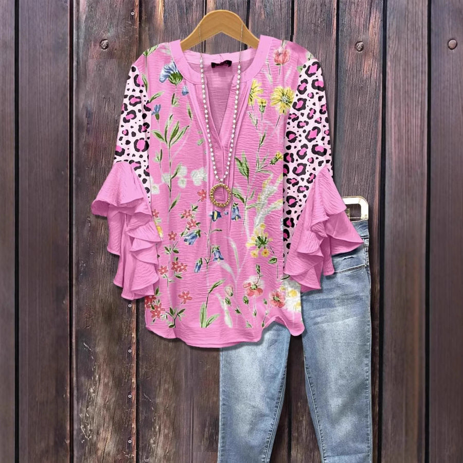 Camiseta de Moda con Escote en V y Detalle de Loto para Mujeres