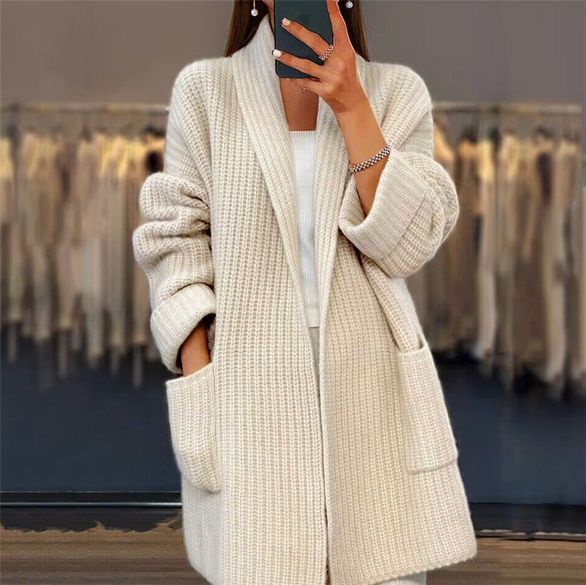 Lapel Knitted Cardigan with Pockets - Casual Women's Sweater